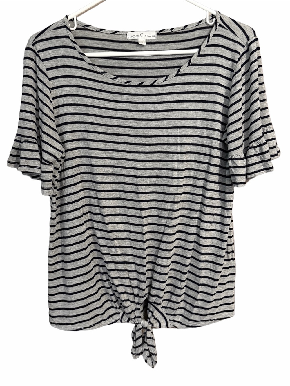 Moa Moa Gray & Black Striped Tie-Front Short Sleeve Top